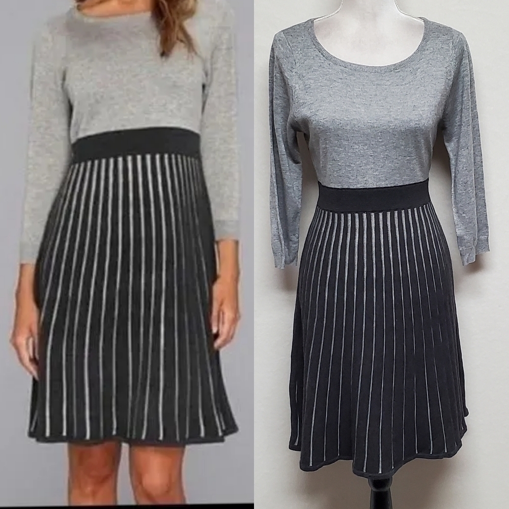 Calvin Klein Gray Black Ribbed Three-quarter Sleeve Fit & Flare Sweater Dress